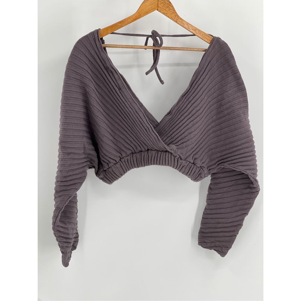 Ribbed V-Neck Gray Sweater